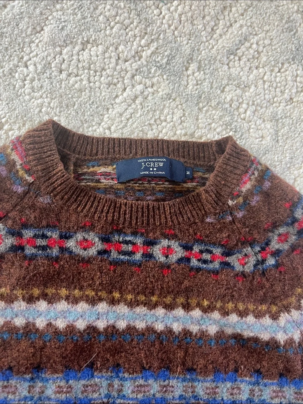 J. Crew Brown Fair Isle Crewneck Sweater with Blue and Cream Accents M